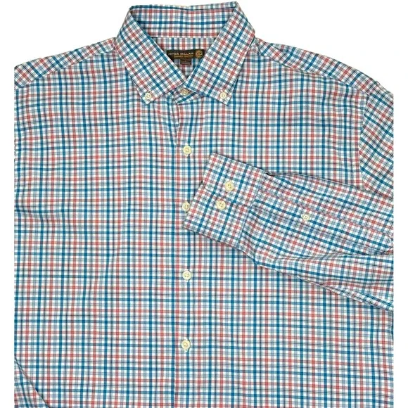 Peter Millar Mens Large Summer Comfort Shirt Long Sleeve Stretch Blue Pink Plaid - Picture 3 of 9
